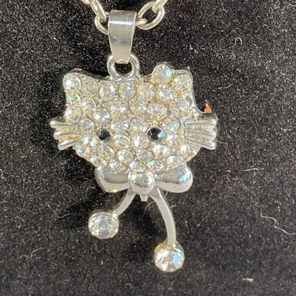 Hello Kitty Necklace Silver Plated Finish Clear Rhinestone Crystals